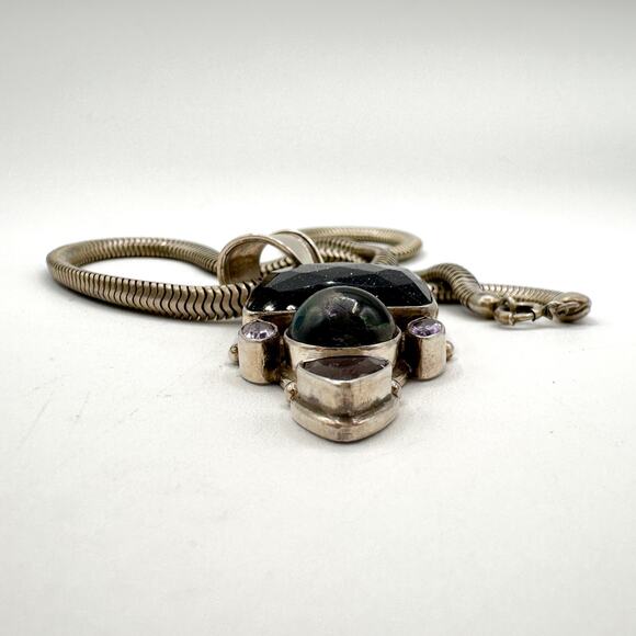 Multi Gem w Forstner Sterling Silver Choker Blue Goldstone Blck Pearl Amethyst - Picture 9 of 11